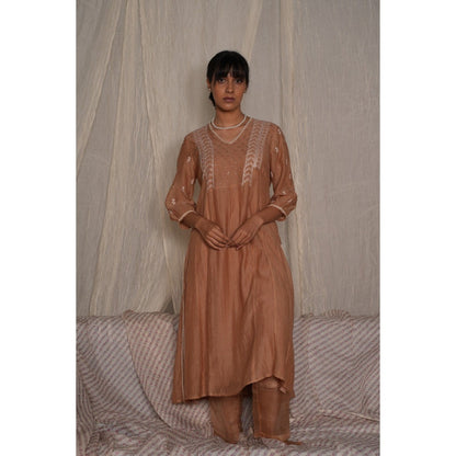 PANTS AND PAJAMAS Beige Chikan Embroidered Kurta (Set of 3)