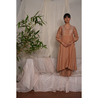 PANTS AND PAJAMAS Beige Chikan Embroidered Kurta (Set of 3)