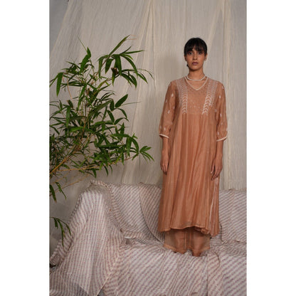 PANTS AND PAJAMAS Beige Chikan Embroidered Kurta (Set of 3)