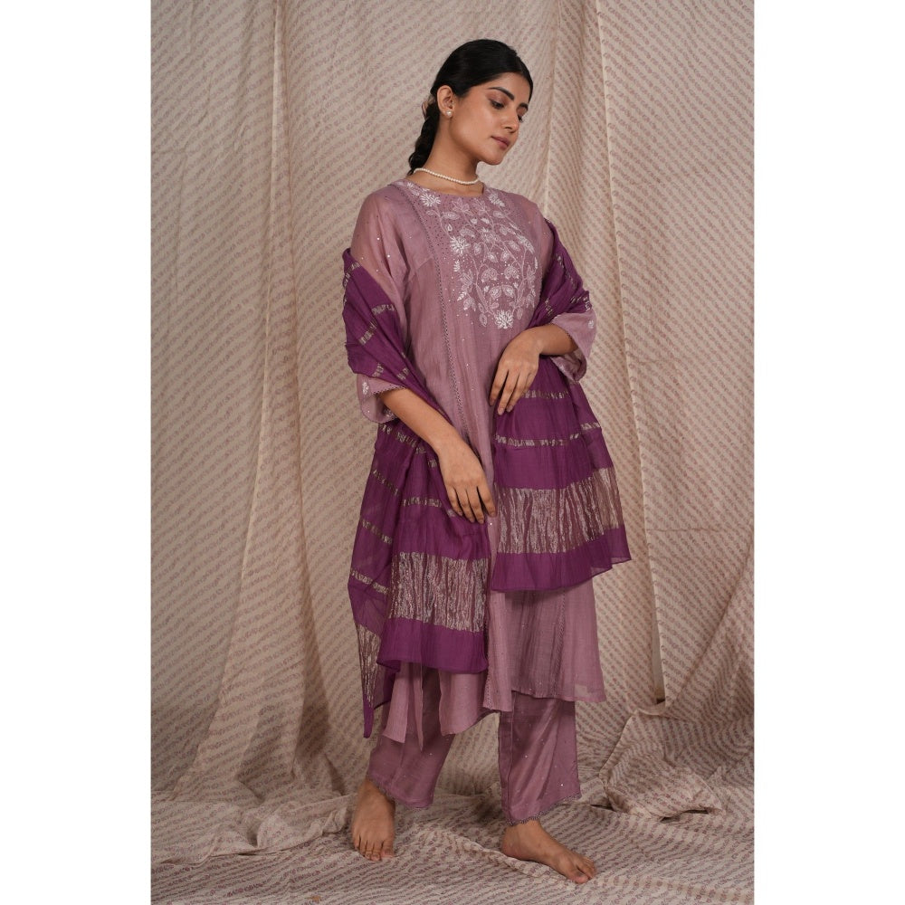 PANTS AND PAJAMAS Purple Chikan Embroidered Kurta (Set of 3)