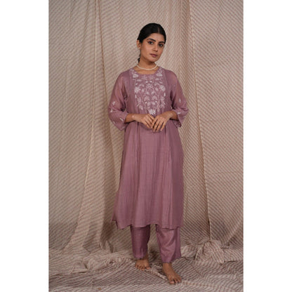 PANTS AND PAJAMAS Purple Chikan Embroidered Kurta (Set of 3)