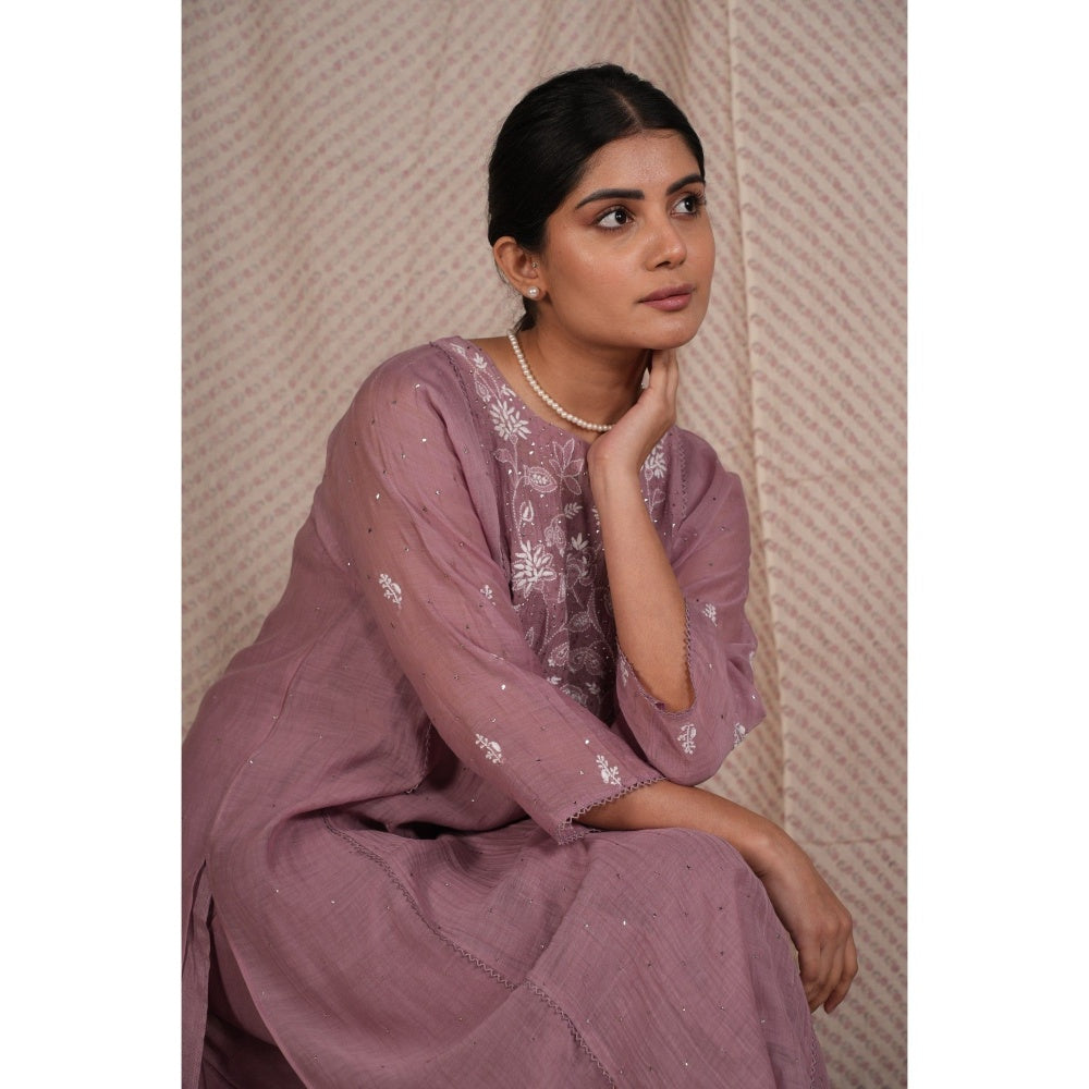 PANTS AND PAJAMAS Purple Chikan Embroidered Kurta (Set of 3)