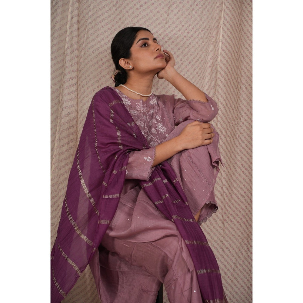 PANTS AND PAJAMAS Purple Chikan Embroidered Kurta (Set of 3)