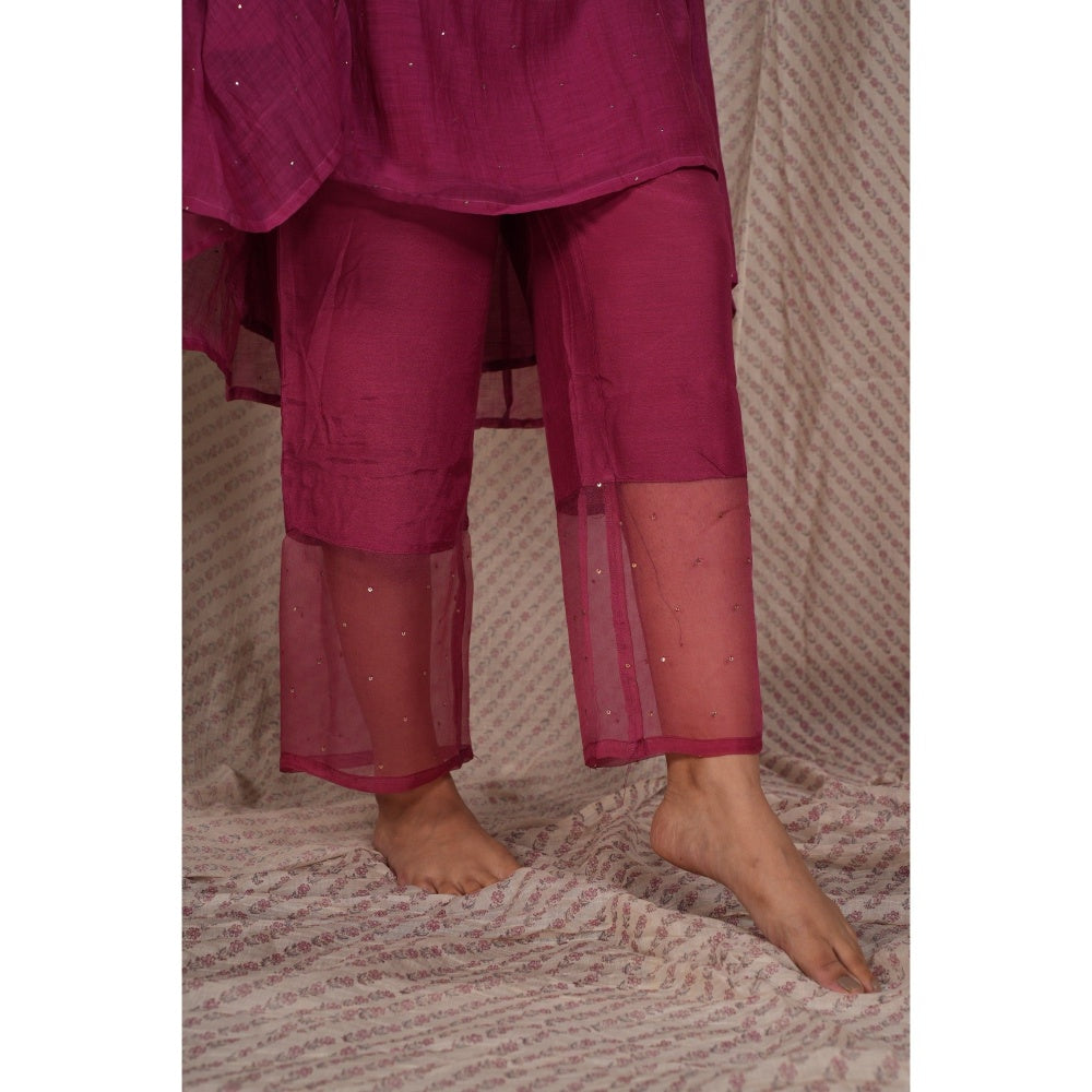 PANTS AND PAJAMAS Berry Chikan Embroidered Kurta (Set of 3)