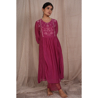 PANTS AND PAJAMAS Berry Chikan Embroidered Kurta (Set of 3)