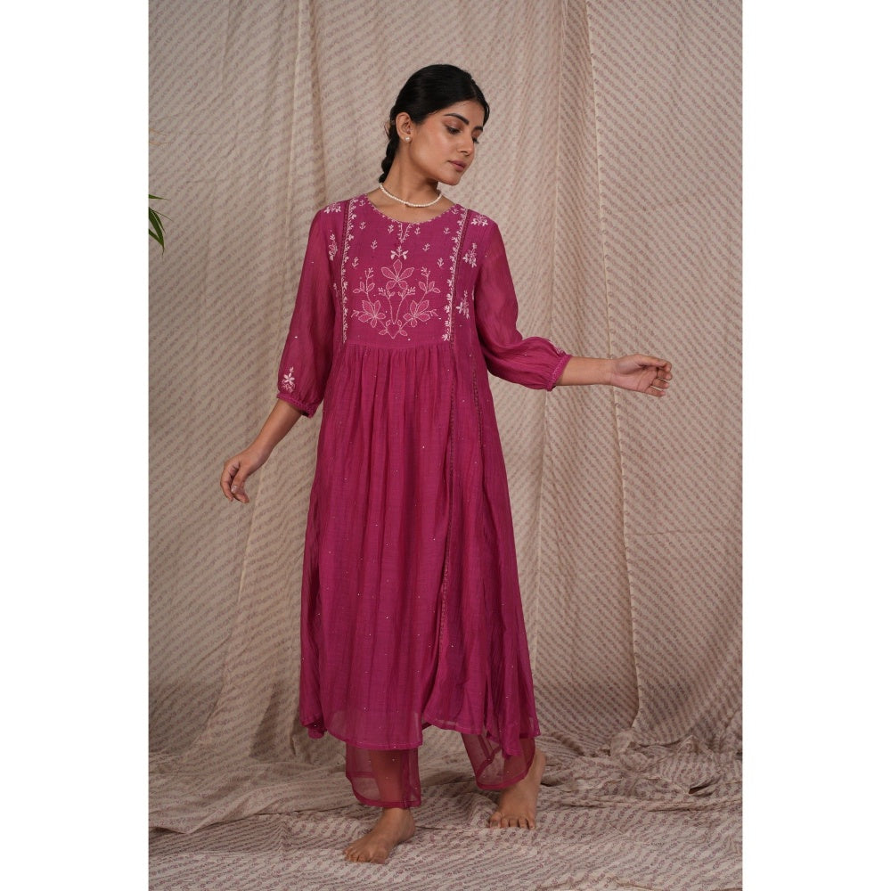 PANTS AND PAJAMAS Berry Chikan Embroidered Kurta (Set of 3)