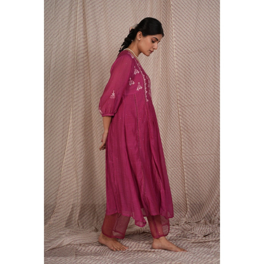 PANTS AND PAJAMAS Berry Chikan Embroidered Kurta (Set of 3)