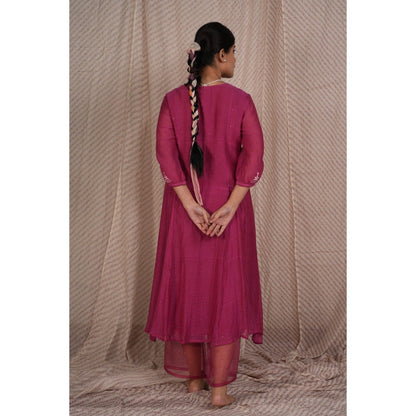 PANTS AND PAJAMAS Berry Chikan Embroidered Kurta (Set of 3)
