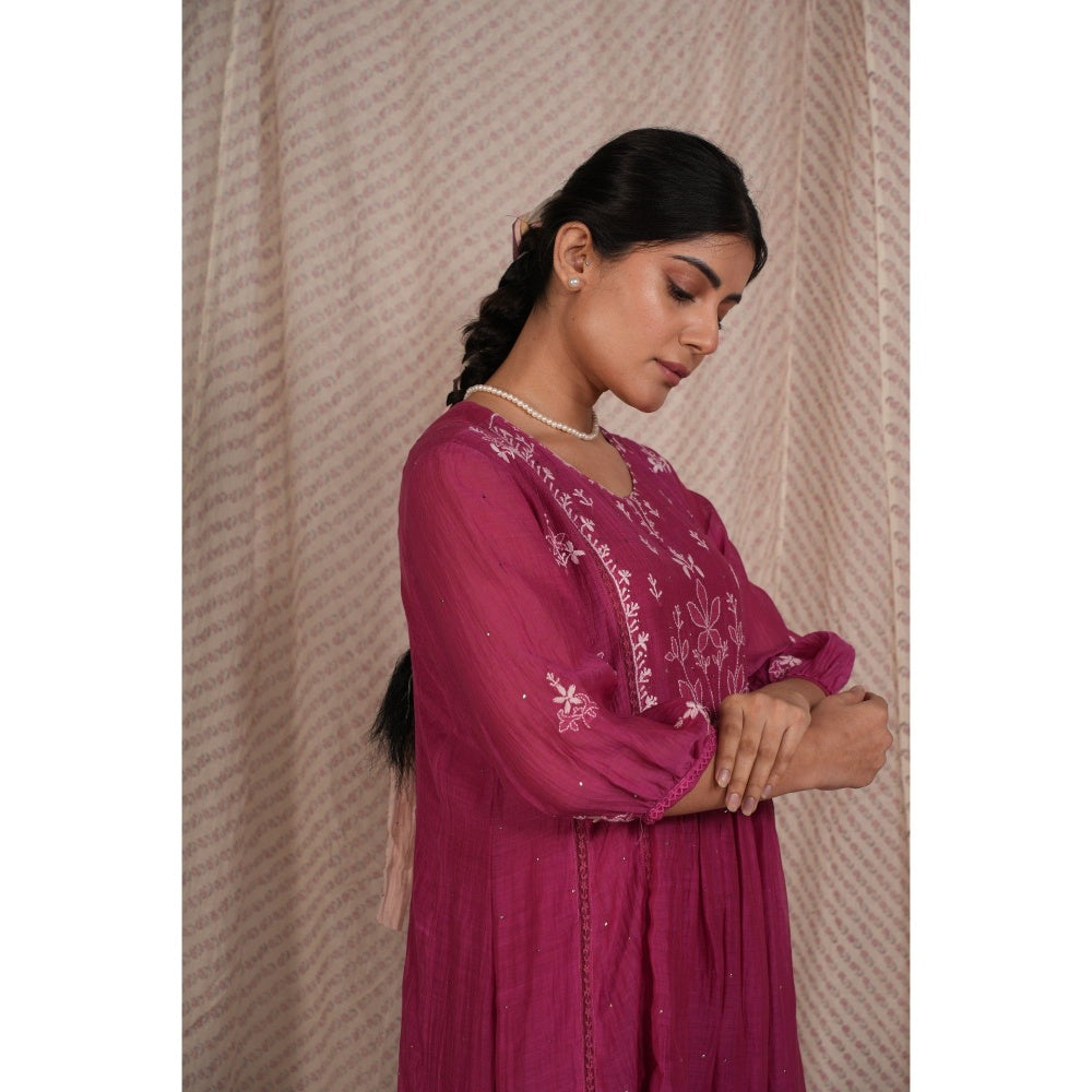 PANTS AND PAJAMAS Berry Chikan Embroidered Kurta (Set of 3)