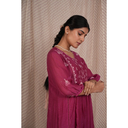PANTS AND PAJAMAS Berry Chikan Embroidered Kurta (Set of 3)