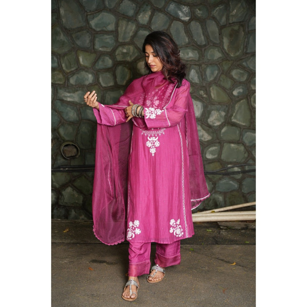 PANTS AND PAJAMAS Berry Chikan Embroidered Kurta (Set of 3)