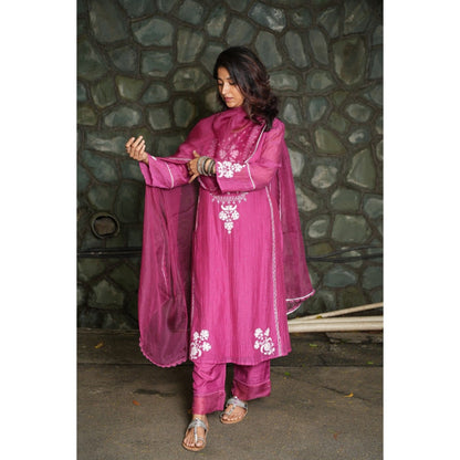 PANTS AND PAJAMAS Berry Chikan Embroidered Kurta (Set of 3)