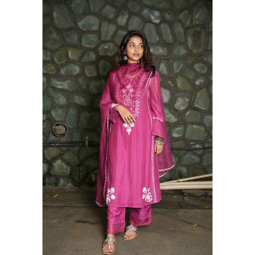PANTS AND PAJAMAS Berry Chikan Embroidered Kurta (Set of 3)