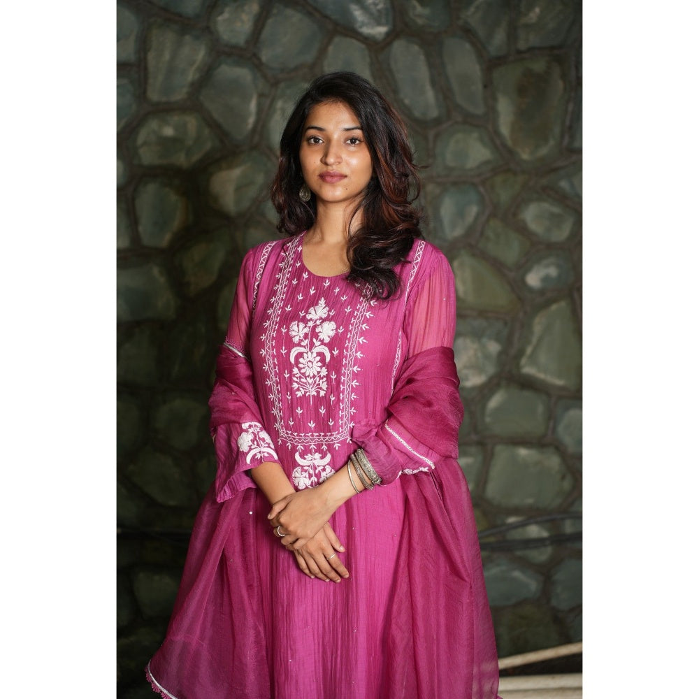 PANTS AND PAJAMAS Berry Chikan Embroidered Kurta (Set of 3)