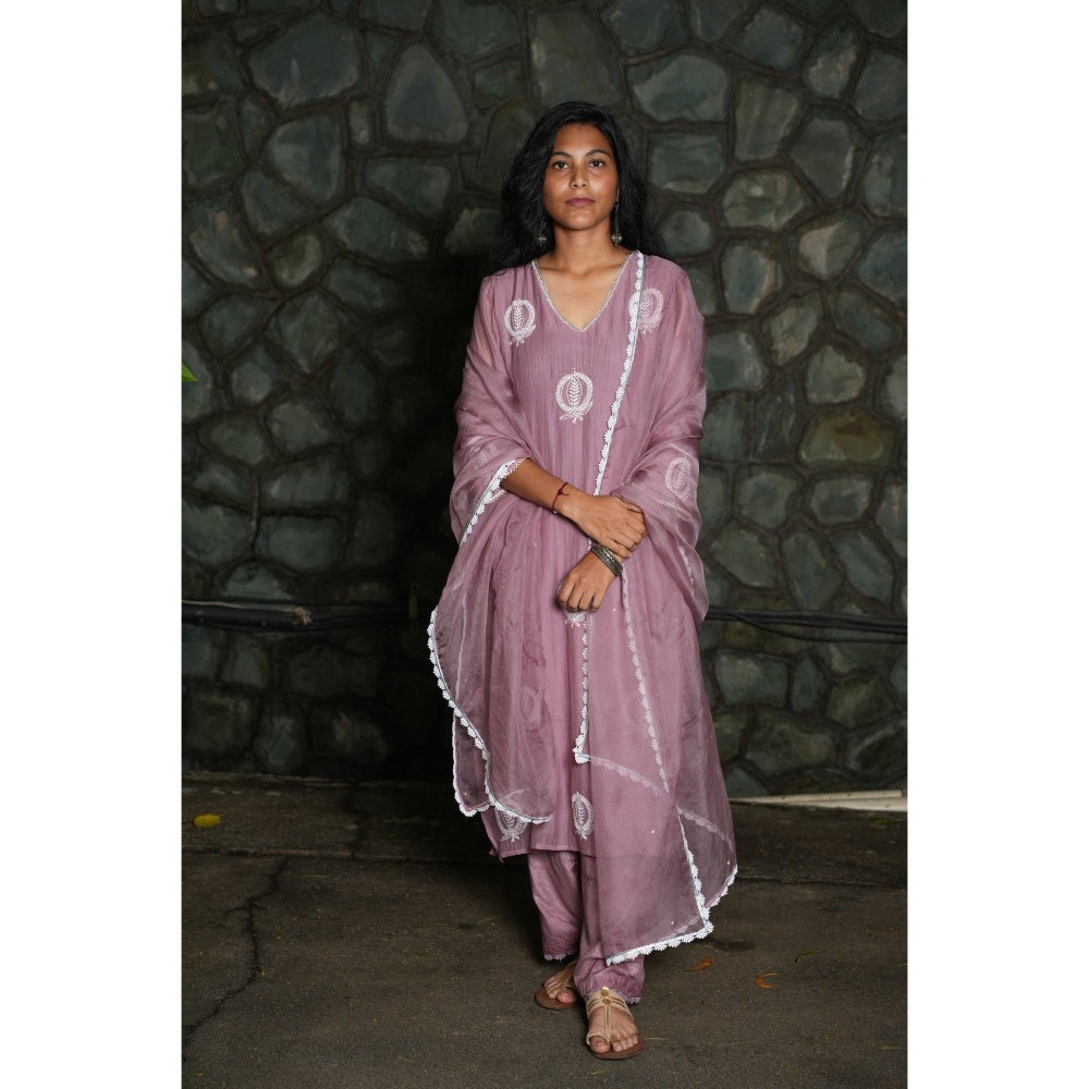 PANTS AND PAJAMAS Purple Chikan Embroidered Kurta (Set of 3)
