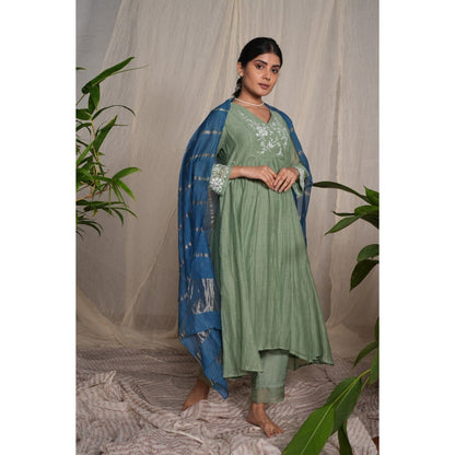 PANTS AND PAJAMAS Moss Green Chikan Embroidered Kurta (Set of 3)
