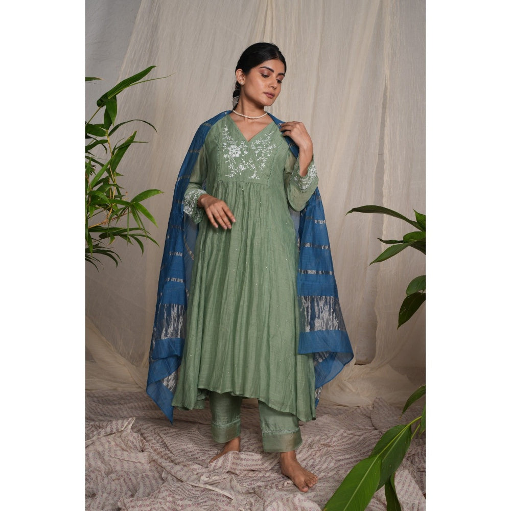PANTS AND PAJAMAS Moss Green Chikan Embroidered Kurta (Set of 3)