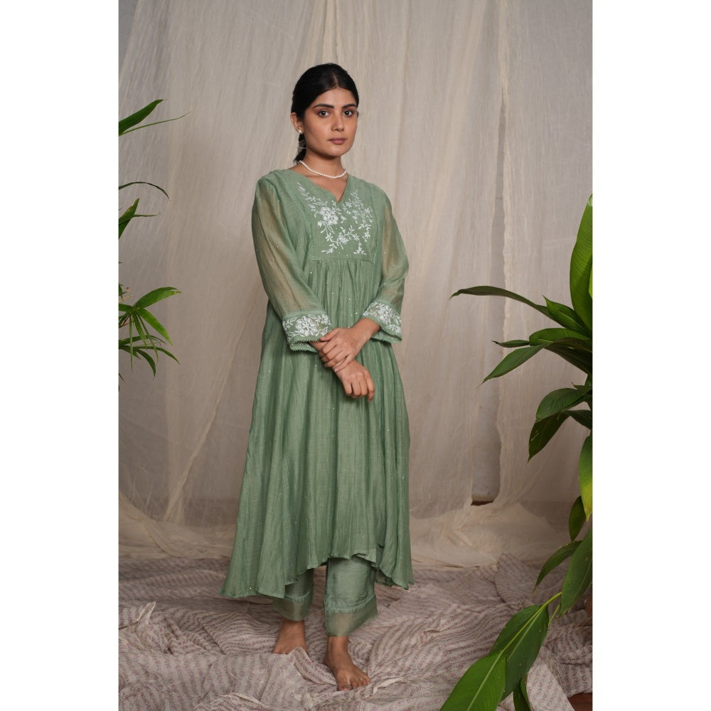 PANTS AND PAJAMAS Moss Green Chikan Embroidered Kurta (Set of 3)
