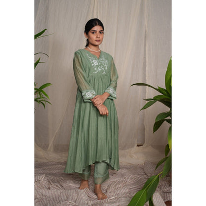 PANTS AND PAJAMAS Moss Green Chikan Embroidered Kurta (Set of 3)