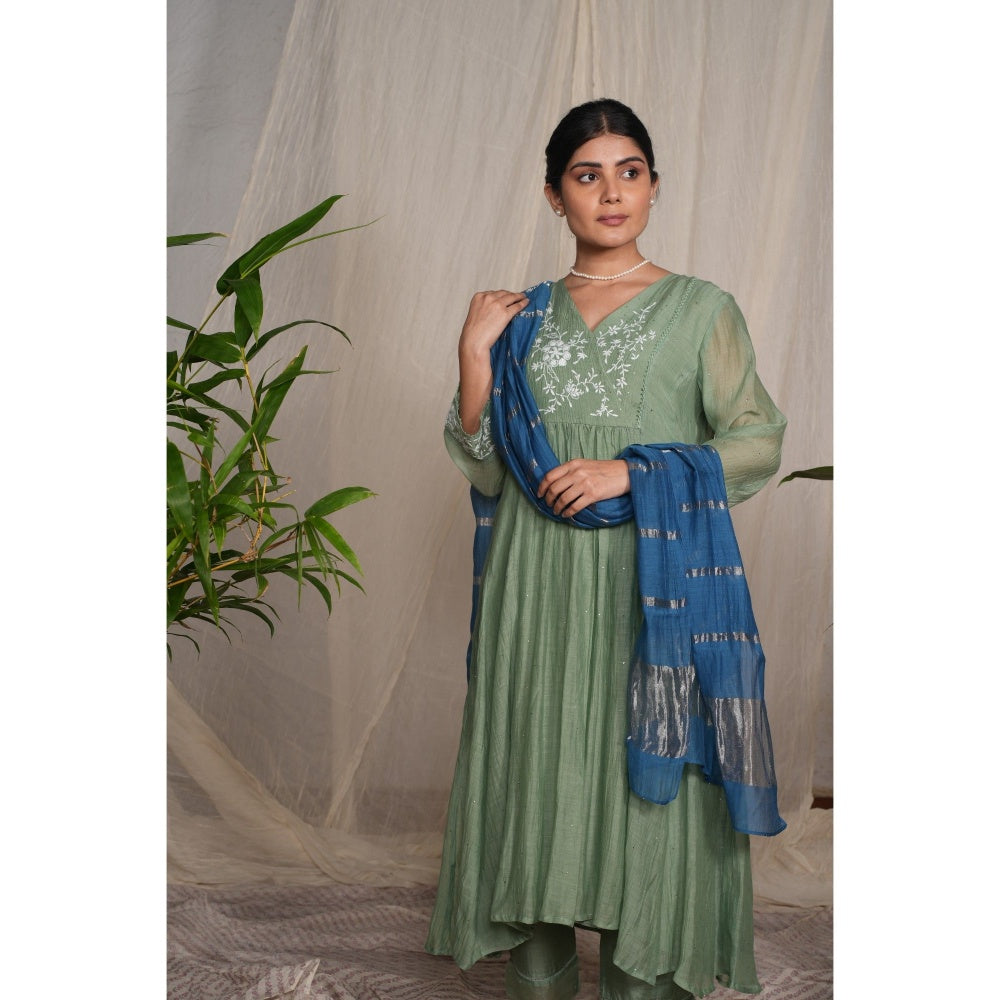 PANTS AND PAJAMAS Moss Green Chikan Embroidered Kurta (Set of 3)