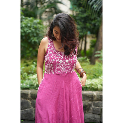 PANTS AND PAJAMAS Berry Chikan Chanderi Mull Dress