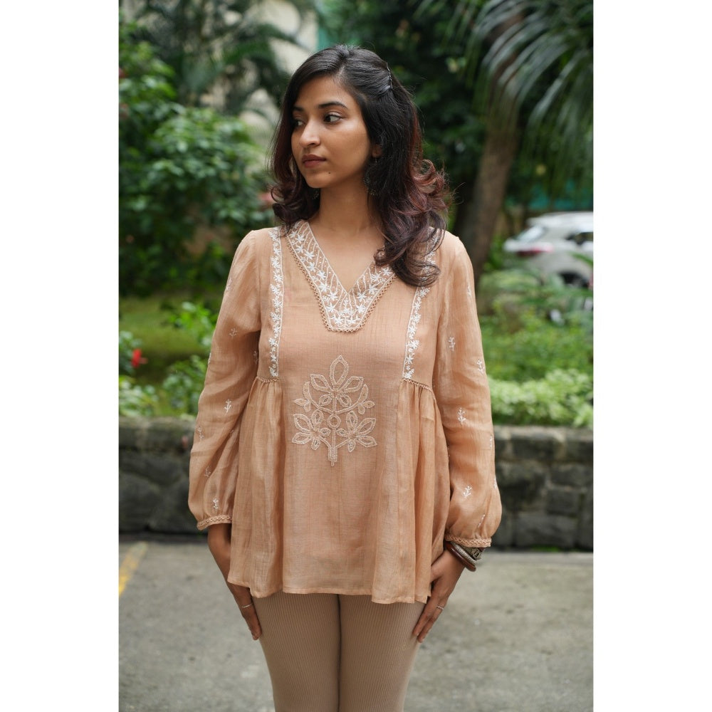 PANTS AND PAJAMAS Beige Chikan Chanderi Mull Top