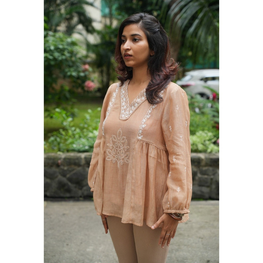 PANTS AND PAJAMAS Beige Chikan Chanderi Mull Top