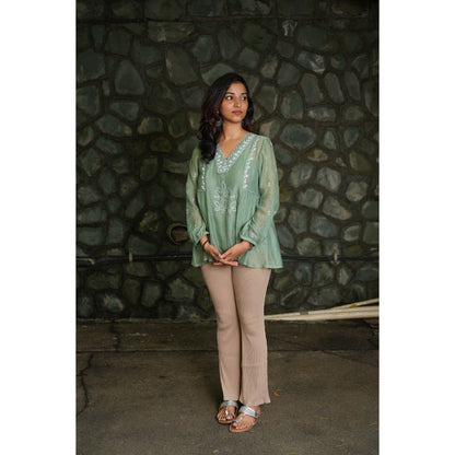 PANTS AND PAJAMAS Moss Green Chikan Chanderi Mull Top
