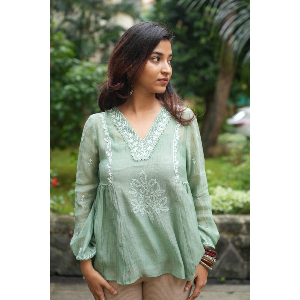 PANTS AND PAJAMAS Moss Green Chikan Chanderi Mull Top