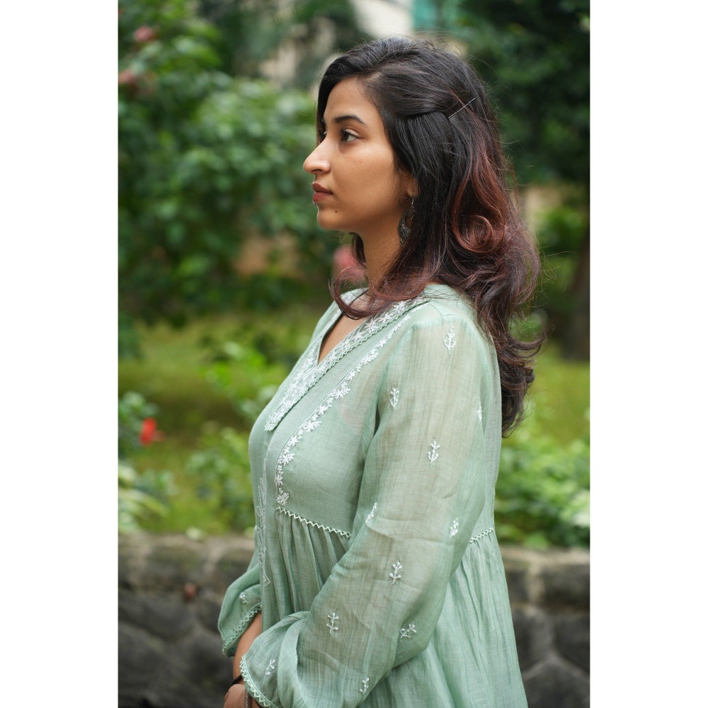 PANTS AND PAJAMAS Moss Green Chikan Chanderi Mull Top