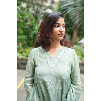 PANTS AND PAJAMAS Moss Green Chikan Chanderi Mull Top