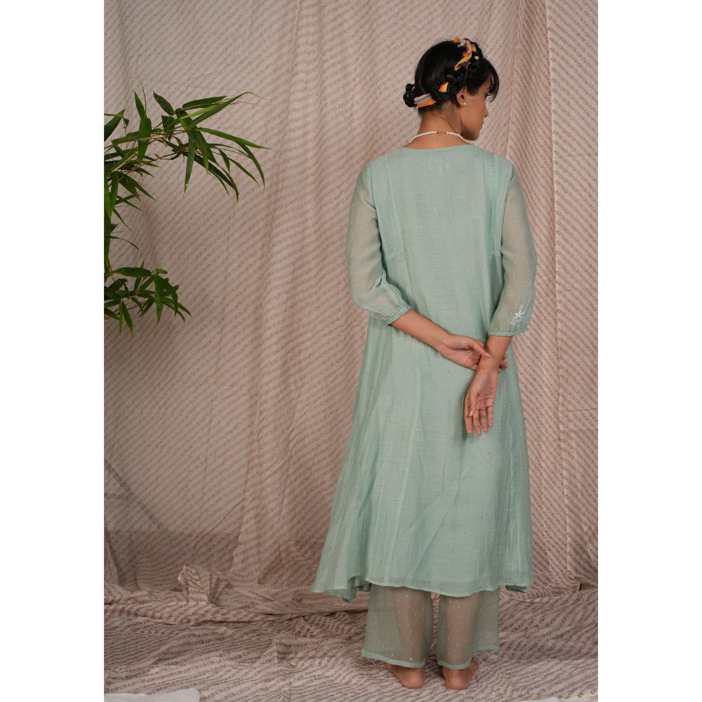 PANTS AND PAJAMAS Aqua Chikan Chanderi Mull Kurta & Cotton Silk Pant (Set of 2)