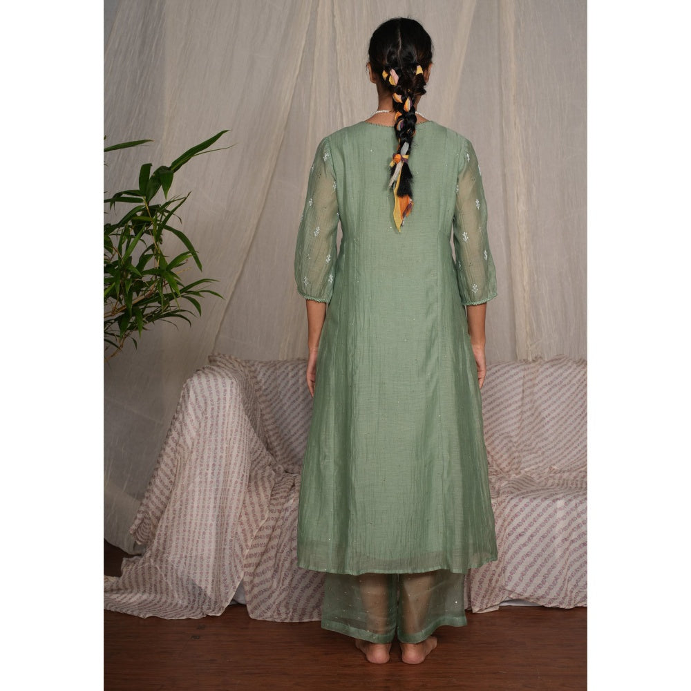 PANTS AND PAJAMAS Moss Green Chikan Chanderi Mull Kurta & Cotton Silk Pant (Set of 2)