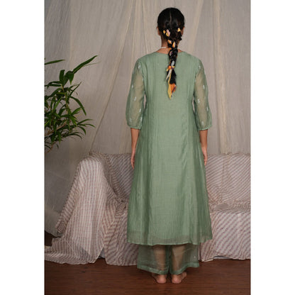 PANTS AND PAJAMAS Moss Green Chikan Chanderi Mull Kurta & Cotton Silk Pant (Set of 2)