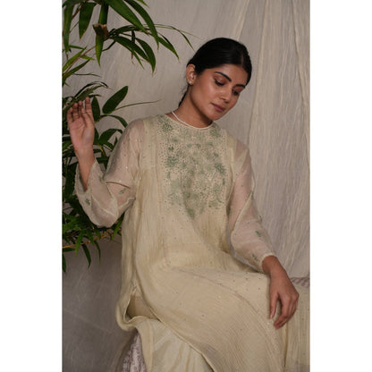 PANTS AND PAJAMAS Sege Cream Chikan Chanderi Mul Kurta & Cotton Silk Pant (Set of 2)