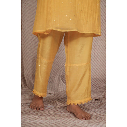 PANTS AND PAJAMAS Yellow Chikan Chanderi Mul Kurta & Cotton Silk Pant (Set of 2)