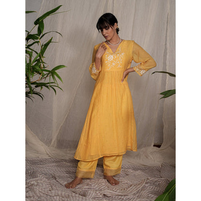 PANTS AND PAJAMAS Yellow Chikan Chanderi Mull Kurta & Cotton Silk Pant (Set of 2)