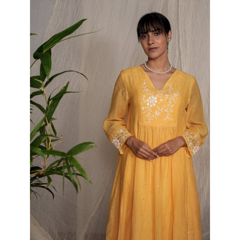 PANTS AND PAJAMAS Yellow Chikan Chanderi Mull Kurta & Cotton Silk Pant (Set of 2)