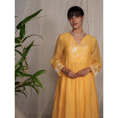 PANTS AND PAJAMAS Yellow Chikan Chanderi Mull Kurta & Cotton Silk Pant (Set of 2)
