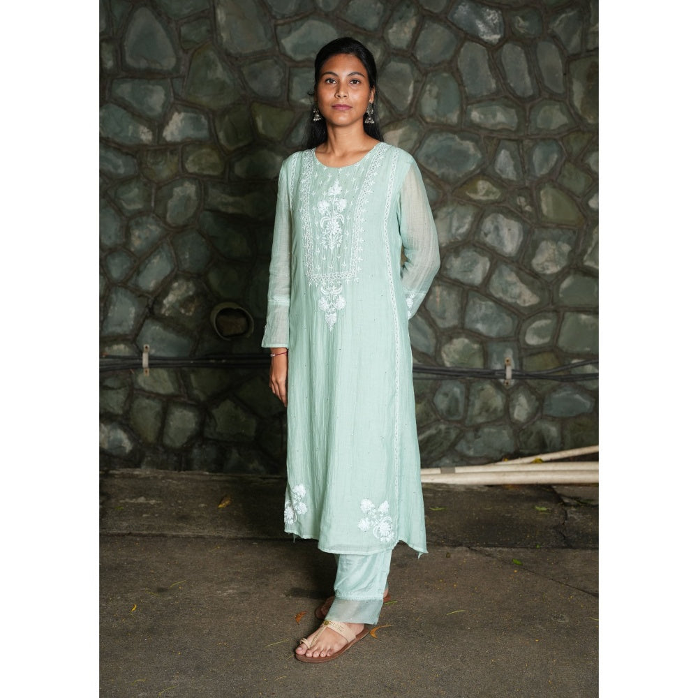 PANTS AND PAJAMAS Aqua Chikan Chanderi Mull Kurta & Cotton Silk Pant (Set of 2)