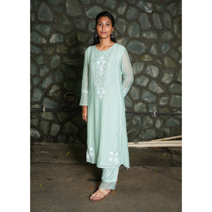 PANTS AND PAJAMAS Aqua Chikan Chanderi Mull Kurta & Cotton Silk Pant (Set of 2)