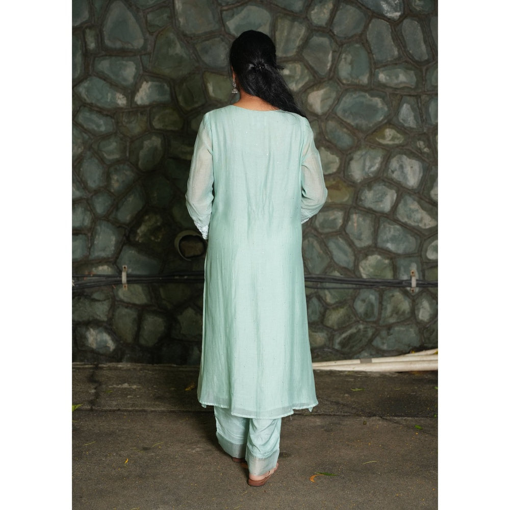 PANTS AND PAJAMAS Aqua Chikan Chanderi Mull Kurta & Cotton Silk Pant (Set of 2)