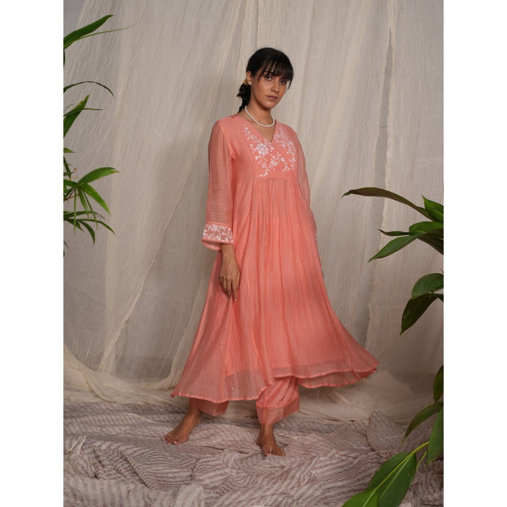 PANTS AND PAJAMAS Peach Chikan Chanderi Mull Kurta & Cotton Silk Pant (Set of 2)