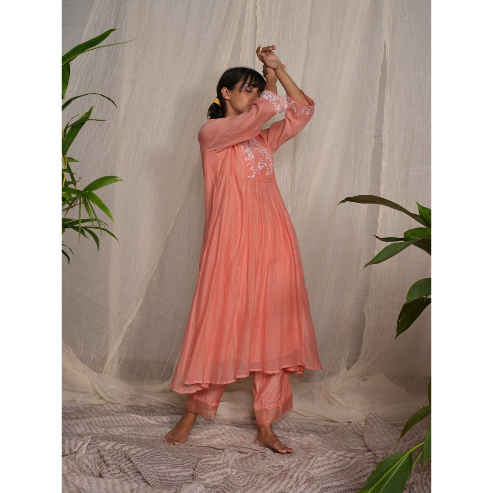PANTS AND PAJAMAS Peach Chikan Chanderi Mull Kurta & Cotton Silk Pant (Set of 2)
