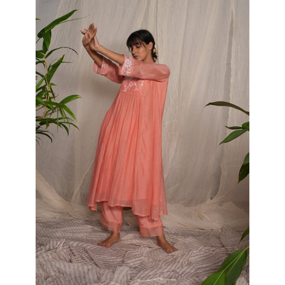 PANTS AND PAJAMAS Peach Chikan Chanderi Mull Kurta & Cotton Silk Pant (Set of 2)