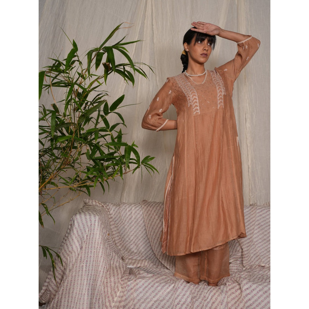 PANTS AND PAJAMAS Beige Chikan Chanderi Mull Kurta & Cotton Silk Pant (Set of 2)