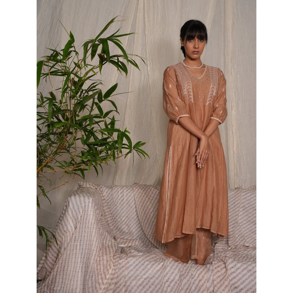 PANTS AND PAJAMAS Beige Chikan Chanderi Mull Kurta & Cotton Silk Pant (Set of 2)