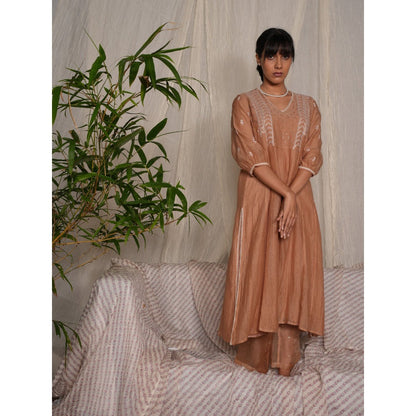 PANTS AND PAJAMAS Beige Chikan Chanderi Mull Kurta & Cotton Silk Pant (Set of 2)