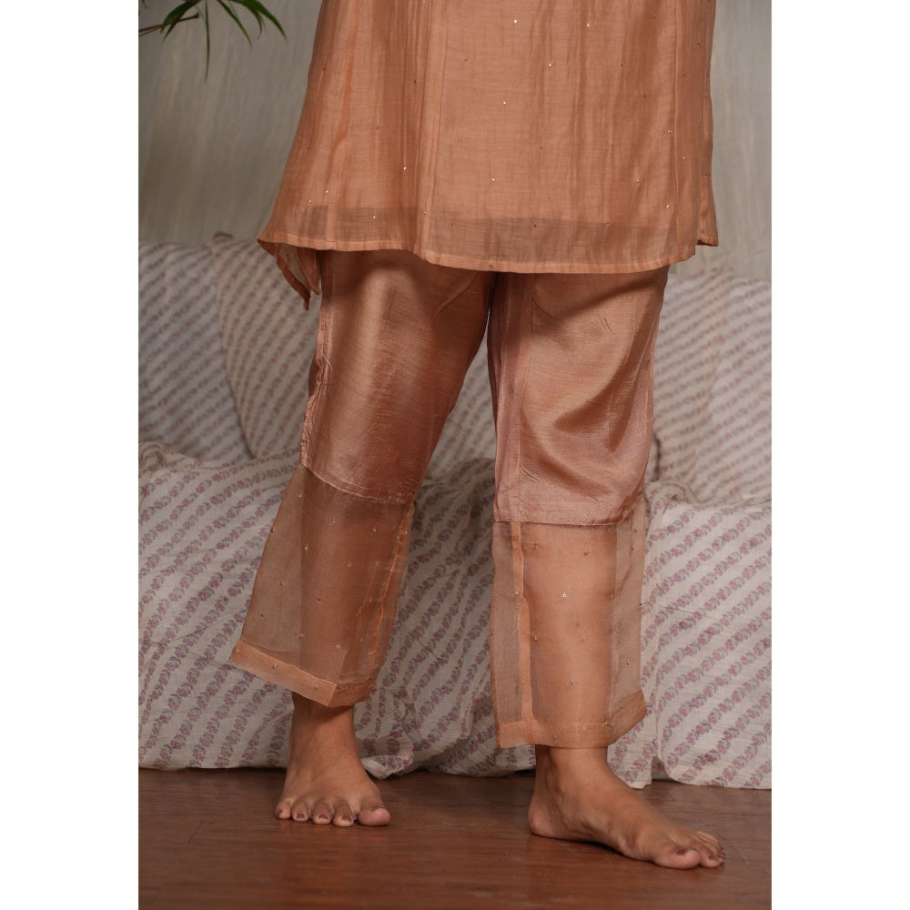 PANTS AND PAJAMAS Beige Chikan Chanderi Mull Kurta & Cotton Silk Pant (Set of 2)