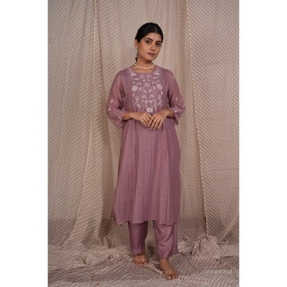 PANTS AND PAJAMAS Lilac Chikan Chanderi Mul Kurta & Cotton Silk Pant (Set of 2)